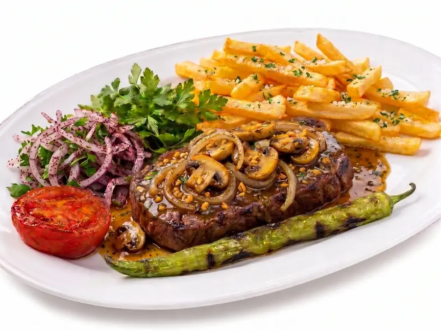 Rumpsteak (mit Champignon und Zwiebeln)